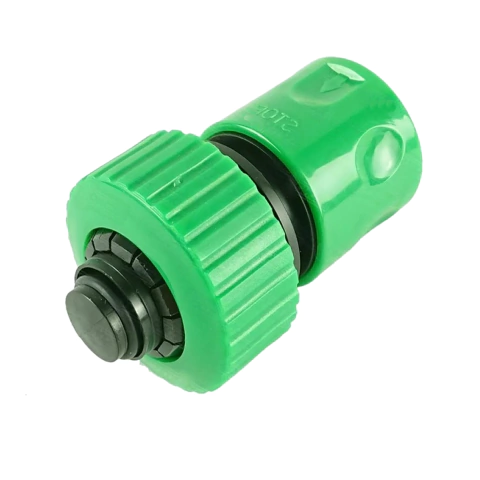 Acople de riego de 3/4 con AUTO STOP, de color verde, diseñado para conectar mangueras de riego.