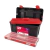 Caja de herramientas Tayg N°34 negra con tapa roja abierta y bandeja organizadora transparente y roja frente a la caja