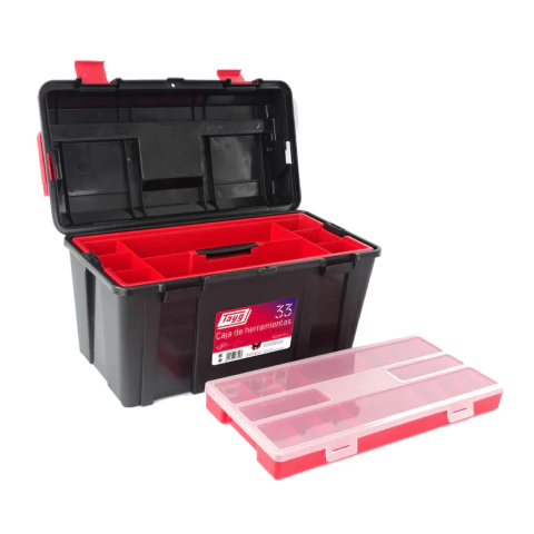 Imagen de una caja de herramientas Tayg N°33 de color negra con compartimentos internos rojos y una tapa transparente adicional. La caja está abierta mostrando sus espacios internos para organizar herramientas.