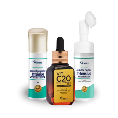 Combo Mousse Facial Intensive 150ml + Booster de Ácido Hialurônico para Pele 30g + Vitamina C 20 Derma Concentrado 30ml