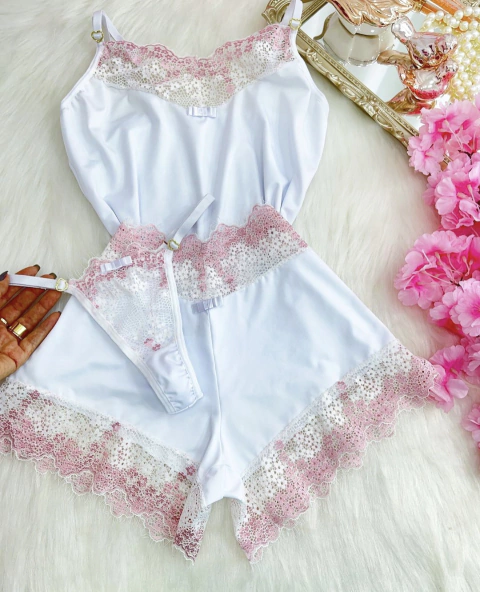 Baby Doll Encanto - BRANCO COM ROSE CHANTILLY