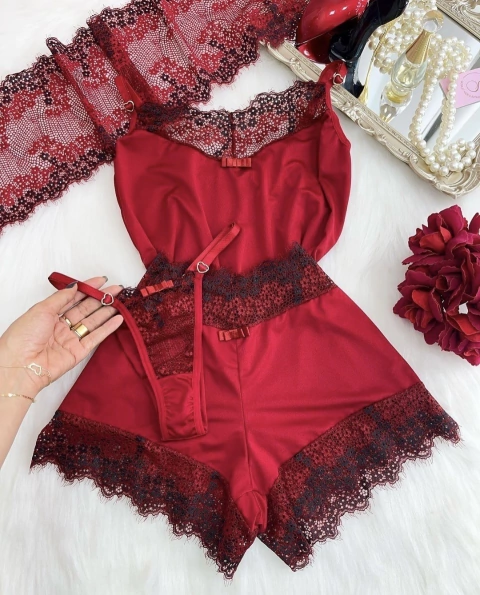 Baby Doll Encanto - VERMELHO COM PRETO CHANTILLY
