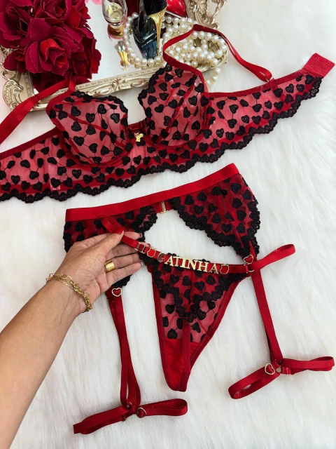 Conjunto Love com cinta + calcinha personalizável - VERMELHO COM PRETO - comprar online