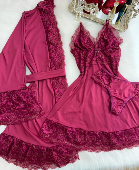 Kit robe camisola luxo sem bojo LUREX - FÚCSIA COM LINHAS DOURADO - comprar online