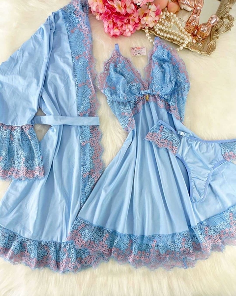 Kit robe luxo acompanha camisola - AZUL CLARO COM ROMANCE CHANTILLY