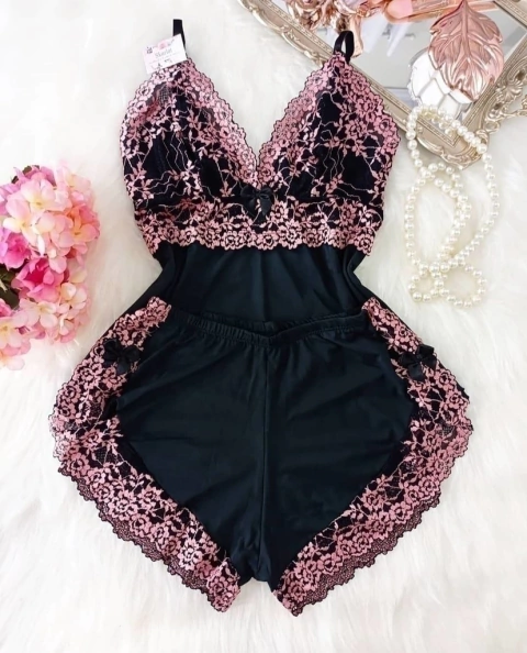 Baby Doll Luxo francesa- PRETO COM ROSE