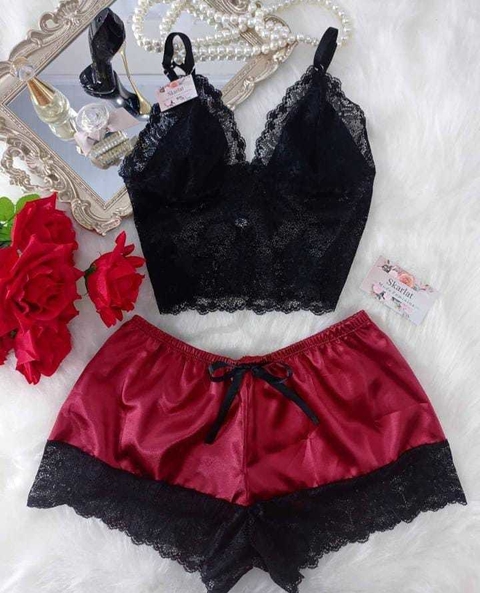 Baby doll cetim - PRETO COM VERMELHO