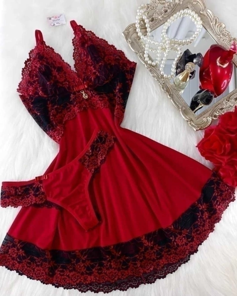 Camisola luxo sem bojo - VERMELHO COM FLORES VERMELHAS FRANCESA