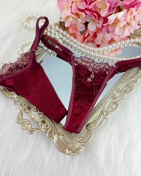 Calcinha fio regulagem chantilly MARSALA COM BRANCO