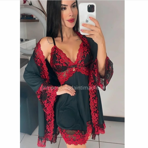 Kit robe camisola luxo PRETO FLOR VERMELHA Francesa