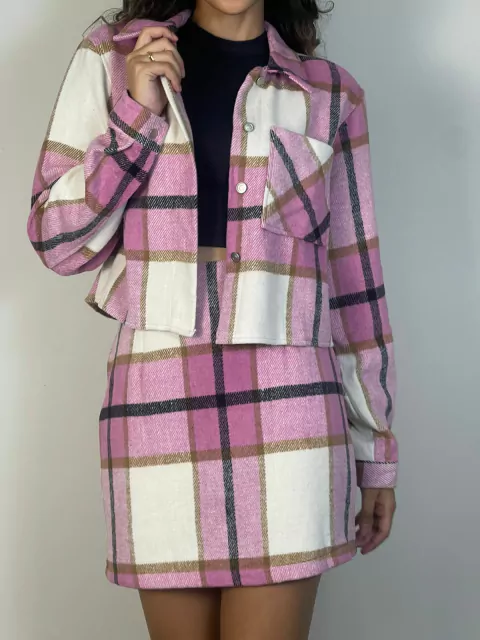 Conjunto cropped e saia xadrez em lã REF1836