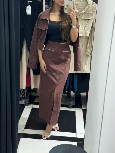 Conjunto saia midi e jaqueta zíper Tricoline REF6522