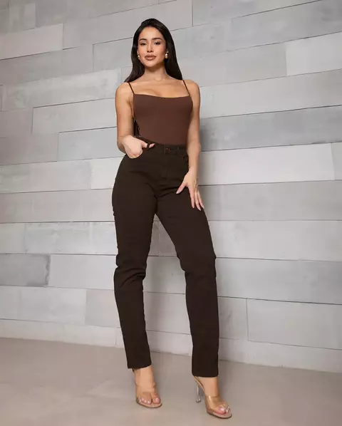 Calça Jeans Mom Feminina Cintura Alta Básica com Elastano 00201 Cafe