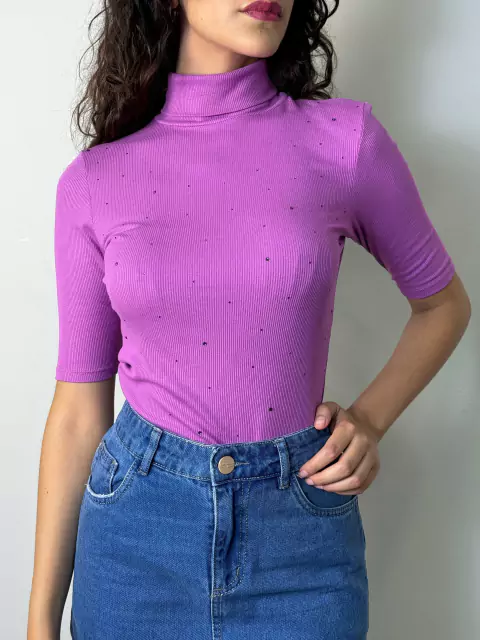 Blusa manga 3/4 com gola alta e brilho viscolycra REF284