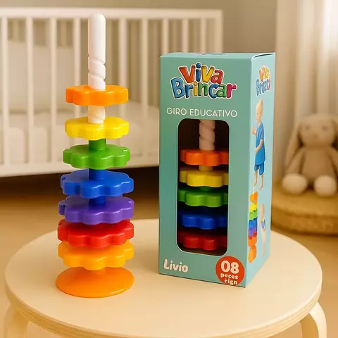Brinquedo educativo infantil com engrenagens coloridas empilhadas em suporte branco ao lado da embalagem azul com detalhes e nome Viva Brincar
