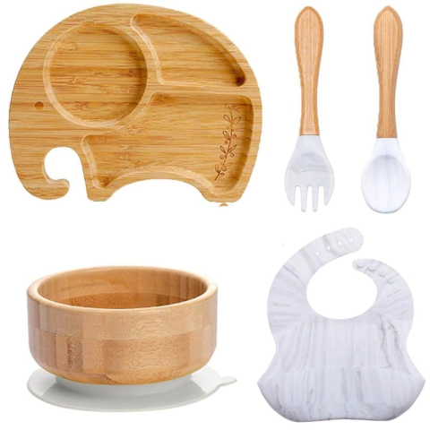 Introdução Alimentar - Kit Elefante Cumbuca Bambu (5 peças)