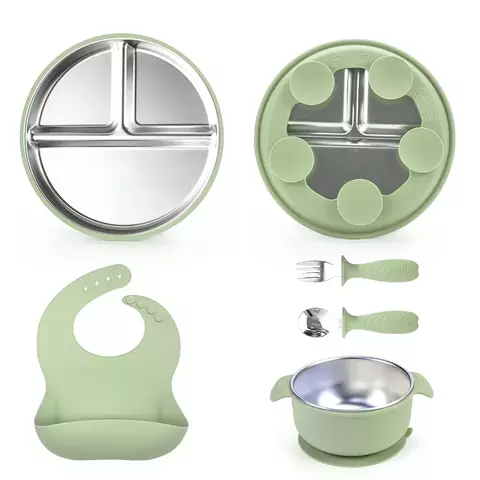 Kit Alimentação Infantil em Silicone e Aço Inoxidável – Prato, Tigela, Talheres e Babador - comprar online