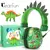 Fone abafador de ruído infantil verde com estampa de dinossauros, com arco em formato de espinhos de dinossauro e embalagem temática