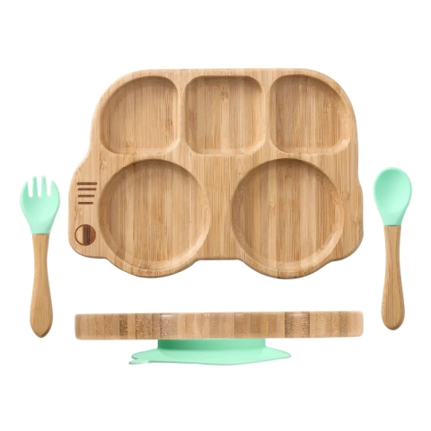 Prato Carrinho Bambu (com ventosa) e Talheres