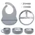 Kit alimentação infantil com 7 peças em silicone cinza e aço inoxidável, incluindo babador, prato com divisórias, talheres, copo com alça e duas tigelas