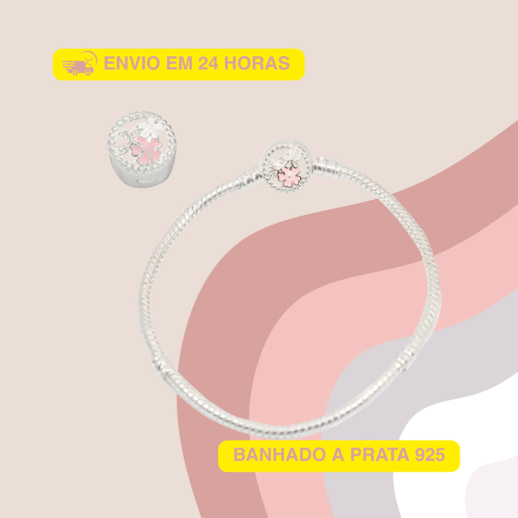 Pulseira Berloques Compatível com todos os Modelos Fecho Flores Rosa