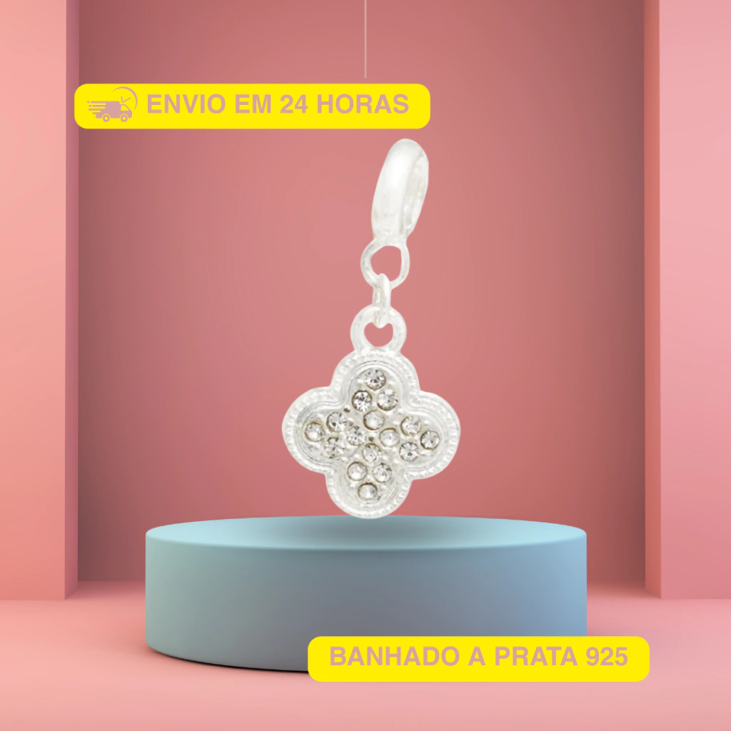 Berloque Trevo Vintage Cravejado Banhado a Prata 925