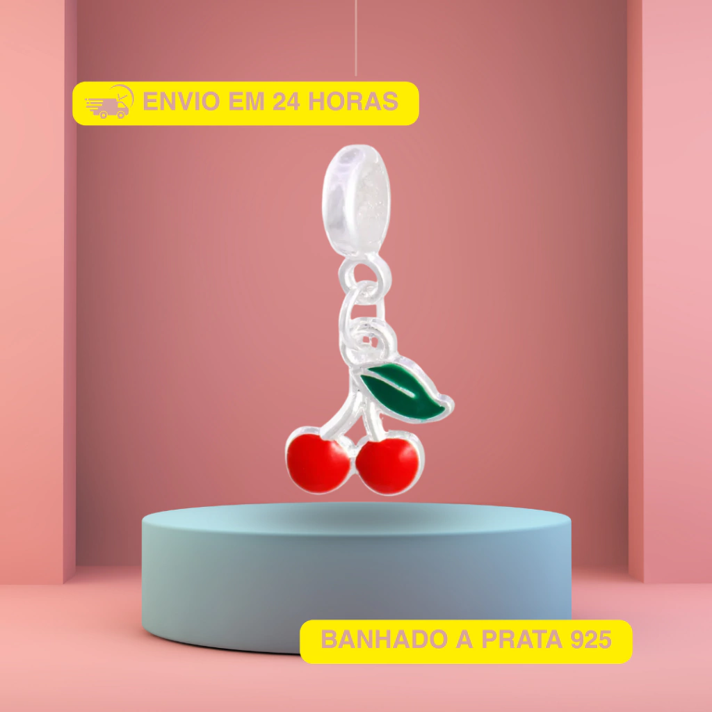 Berloque Cereja Cherry Banhado a Prata 925 Compatível com todos os Modelos de Pulseira