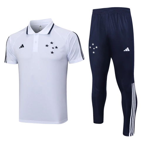 Kit Camisa Polo e Calça Cruzeiro 2023 - Treino Masculino - Branca