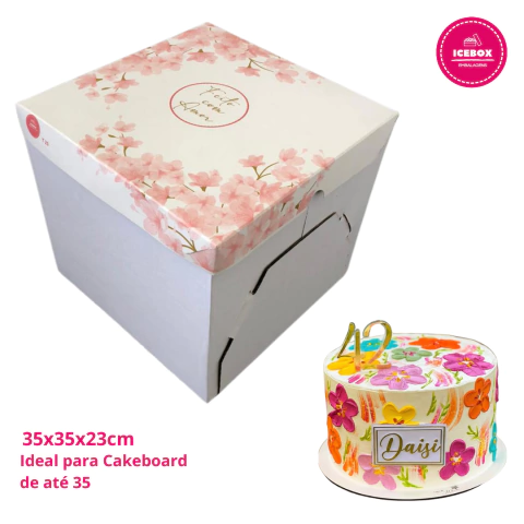 Caixa para Torta Alta Flowers 35x35x23cm - Ideal para Cakeboard de ate 35cm