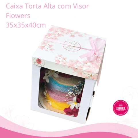Caixa Flowers Torta de 2 andares com Visor - 35x35x40cm - Ideal para Cakeboard de até 35cm