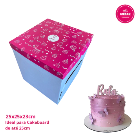 Caixa Torta Alta Rosa Docinho 25x25x23cm - Ideal para Cakeboard de até 25cm