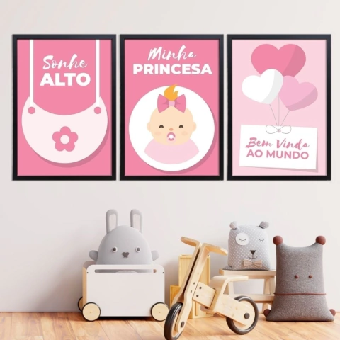 Kit 3 Quadros Sonhe Alto Minha Pequena Rosa