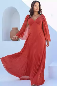 Vestido de Festa Longo Manga Capa Plissado em 6Cores - REF5014 - comprar online