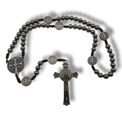 Terço de Hematita São Bento Proteção Forte Contas 8mm