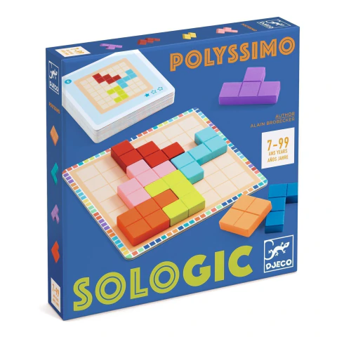 Juego de lógica Polyssimo de Djeco con piezas de colores y tablero para armar figuras geométricas