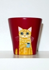 MACETA ARTESANAL CON DISEÑO DE GATO TOMANDO TE / TIENE DRENAJE