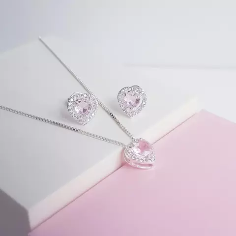 Conjunto de Prata - Coração Rosa Cravejado - comprar online