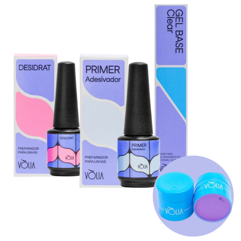 Kit Preparação Vólia: Desidrat, Primer Adesivador e Sachê Gel Base + Novo Pote Eco