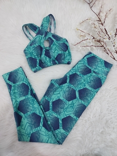 Conjunto legging Top cruzado SEM bojo - Geomêtrico Verde/azul - P
