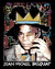 Estampa de Jean-Michel Basquiat, destacando sua imagem icônica e elementos artísticos coloridos.