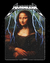 Estampa com a imagem da Mona Lisa estilizada com o logo da banda Metallica e raios ao fundo.