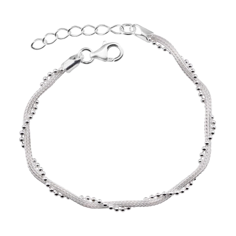 Pulseira Prata Entrelaçada com Fio Bolinhas