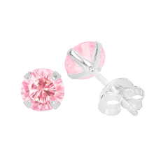 Brinco Prata Ponto de Luz Zircônia Redonda 5mm Rosa