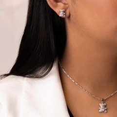 Conjunto Prata c/ Ródio Brinco + Pingente Urso Cravejado Coração Rosa - Via Vizzon