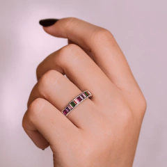 Anel Prata c/ Ródio Zircônia Retangular Colorida - comprar online