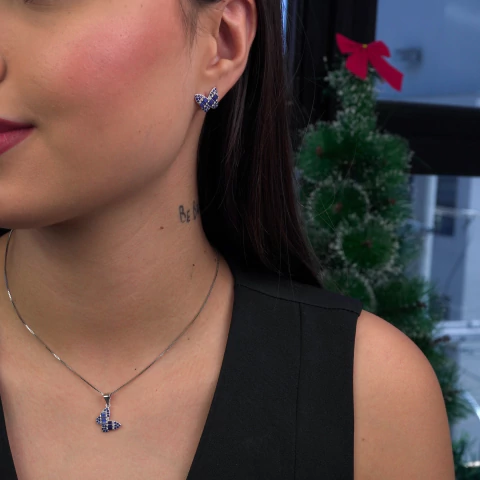 Conjunto Prata c/ Ródio Brinco + Pingente Borboleta Safira - comprar online