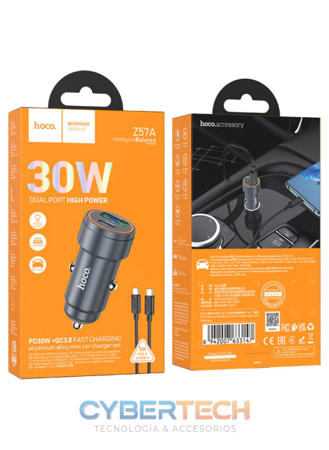 Cargador para Auto Hoco Z57A 30W Doble Puerto con Cable USB-C a USB-C (1m)