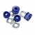 Conjunto de amortecedores cônicos da marca Independent, em azul, com peças metálicas circulares ao fundo.