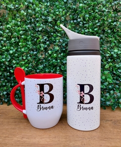 KIT 01 Squeeze Alumínio Bico Nike 500ml + 01 Caneca Com Colher (Letra Floral)