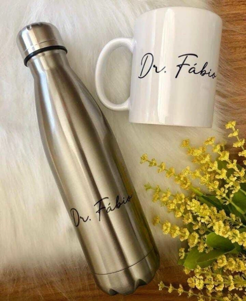 KIT 01 Garrafa Inox Prata 500ml + 01 Caneca Cerâmica Branca